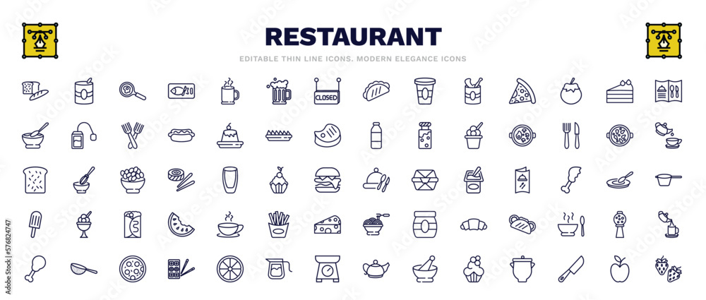 set of restaurant thin line icons. restaurant outline icons such as load of bread, restaurant fried egg, open menu, combine meal, tray and cover, breakfast cup, strainer with handle, with skin,