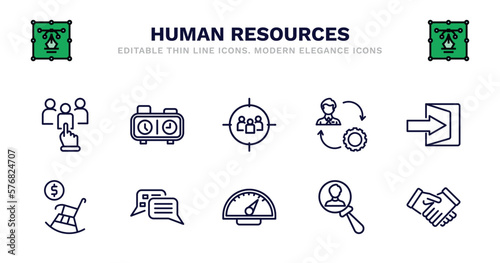 set of human resources thin line icons. human resources outline icons such as chess clock, target audience, change management, quit, pension, pension, interview, balanced scorecard, candidate, hired