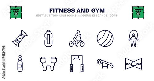 set of fitness and gym thin line icons. fitness and gym outline icons such as hydratation, riding bicycle, pilates ball, skip rope, boxing bag, boxing bag, resistance band, training apparatus, press