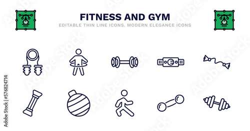 set of fitness and gym thin line icons. fitness and gym outline icons such as stick man hoop, exercising dumbbell, fitness belt, exercise bands, arms extender, arms extender, ball, stretching leg