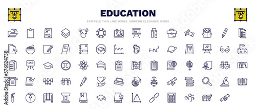 set of education thin line icons. education outline icons such as open file, math book, final test, planet saturn, exams, chemical test tube, plant sample, book with marker, graduation diploma