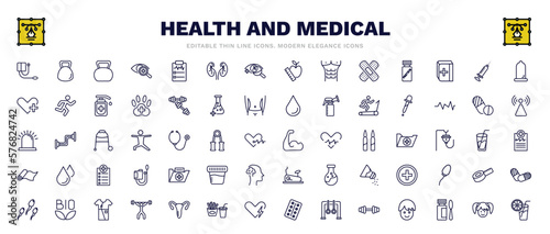 set of health and medical thin line icons. health and medical outline icons such as blood pressure gauge, kettlebell, condom, pipette, biceps, medical file, bio, girl, orange juice vector.