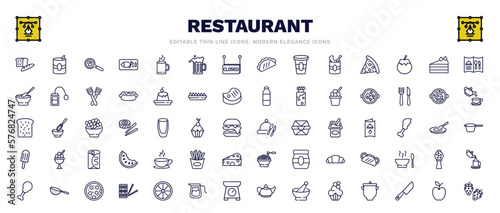 set of restaurant thin line icons. restaurant outline icons such as load of bread, restaurant fried egg, open menu, combine meal, tray and cover, breakfast cup, strainer with handle, with skin,