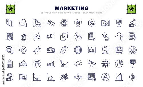 set of marketing thin line icons. marketing outline icons such as flyer, rss, offer, gazette, web cursor, web graphic, checklist, execution, business eye vector.