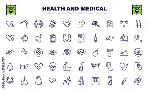 set of health and medical thin line icons. health and medical outline icons such as antibiotics, injury, ophthalmology, health care, measure tape, girl, blood, urology, running vector.