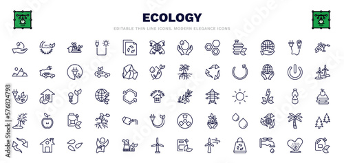 set of ecology thin line icons. ecology outline icons such as raindrop on a hand, eco industry, awareness, eco power, reload, olives on a branch, watering can, seeds, biodiesel vector.