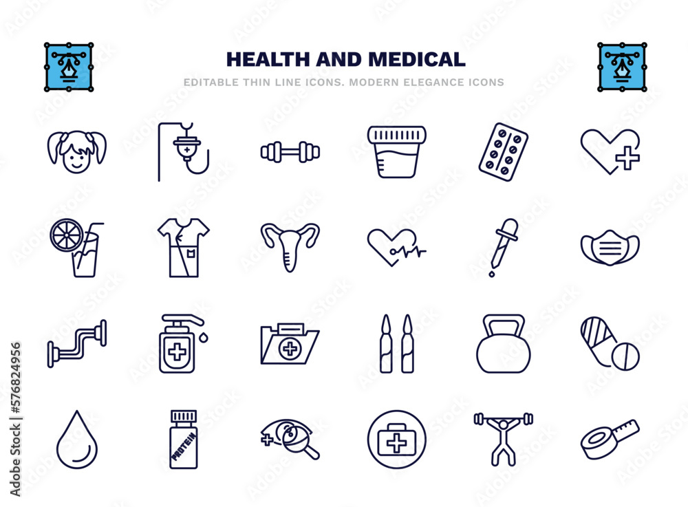 set of health and medical thin line icons. health and medical outline icons such as girl, gym, medical strip, patient robe, pipette, desinfectant, kettlebell, proteins, measure tape vector. set of health and medical thin line icons. health and medical outline icons such as girl, gym, medical strip, patient robe, pipette, desinfectant, kettlebell, proteins, measure tape vector.