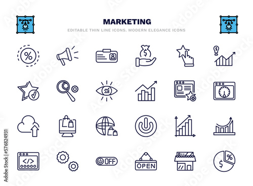 set of marketing thin line icons. marketing outline icons such as ratio, id, appreciation, analyze, favorite web, online store, yield, service, open, margin vector.