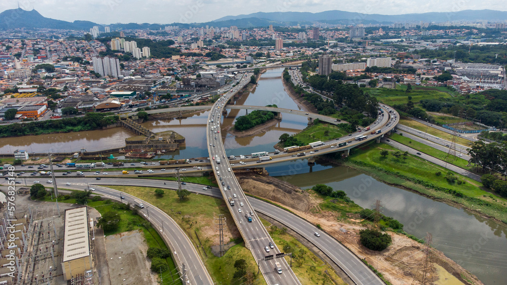 aerial view of Complexo do Cebolão is a set of bridges and viaducts in the region where the Tietê and Pinheiros rivers meet, in the city of São Paulo, Brazil. View from the bridges.
