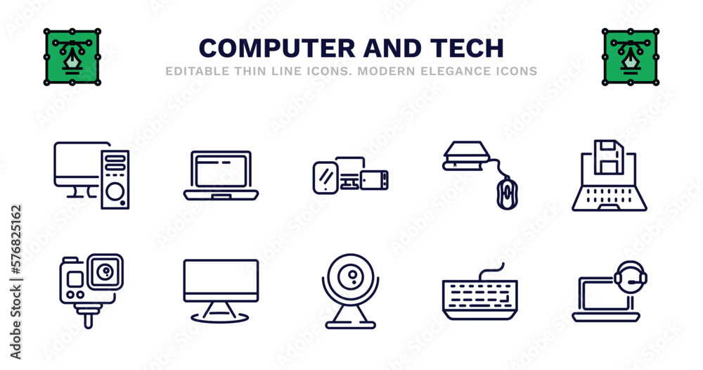 set of computer and tech thin line icons. computer and tech outline icons such as laptop computer screen, device, book and mouse, save file, action camera, action camera, computers, round webcam, set of computer and tech thin line icons. computer and tech outline icons such as laptop computer screen, device, book and mouse, save file, action camera, action camera, computers, round webcam,