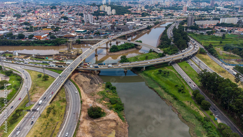 aerial view of Complexo do Cebolão is a set of bridges and viaducts in the region where the Tietê and Pinheiros rivers meet, in the city of São Paulo, Brazil. View from the bridges. 