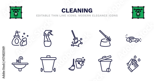 set of cleaning thin line icons. cleaning outline icons such as wiping sprayer tool, wiping swipe for floors, toilet brush cleanin, clean car, sink, sink, wiping trash can, mop cleanin, trash
