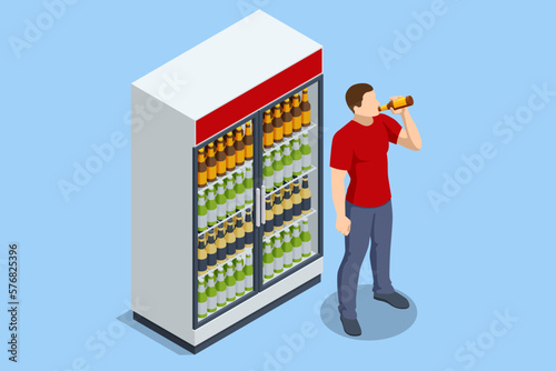 Isometric Different colored bottles and cans with a beer in fridges. Oktoberfest beer barrel, Brewery beer production.
