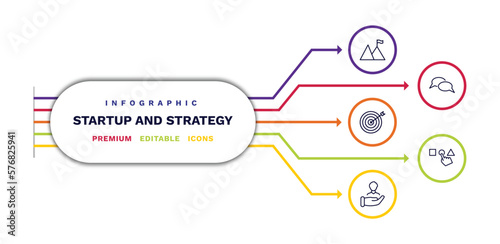 set of startup and strategy thin line icons. startup and strategy outline icons with infographic template. linear icons such as overcome, mission, humanpictos, discussion, choose vector.