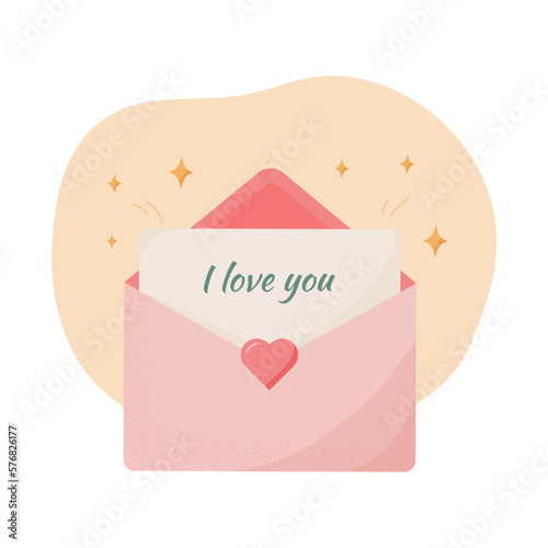 Illustration of a declaration of love. Flat illustration with a letter and the inscription "I love you". A cute vector illustration of a love letter.