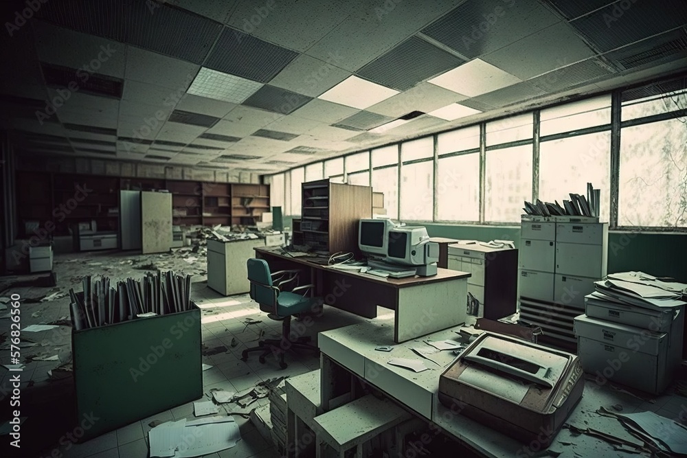 End of business. Abandoned office space full of mess and broken furniture  Stock-Illustration | Adobe Stock