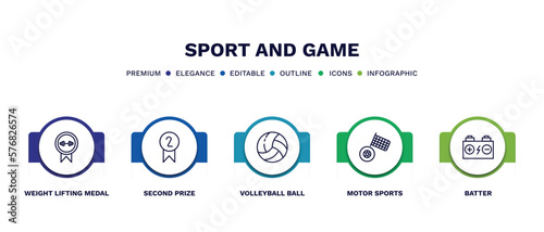 set of sport and game thin line icons. sport and game outline icons with infographic template. linear icons such as weight lifting medal, second prize, volleyball ball, motor sports, batter vector.