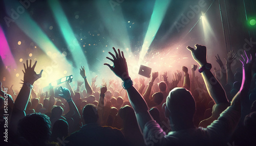 Raising hands in the party time. Generative Ai. © 121icons