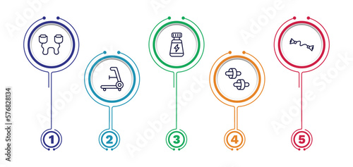 set of fitness and gym thin line icons. fitness and gym outline icons with infographic template. linear icons such as resistance band, phytonutrients, exercise bands, rowing hine, fitness wheel
