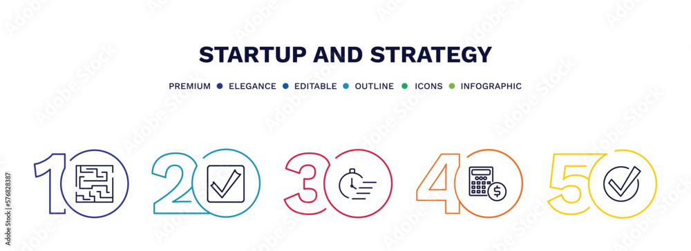set of startup and strategy thin line icons. startup and strategy outline icons with infographic template. linear icons such as strategy in a labyrinth, validate, quick, budget, accept vector. set of startup and strategy thin line icons. startup and strategy outline icons with infographic template. linear icons such as strategy in a labyrinth, validate, quick, budget, accept vector.