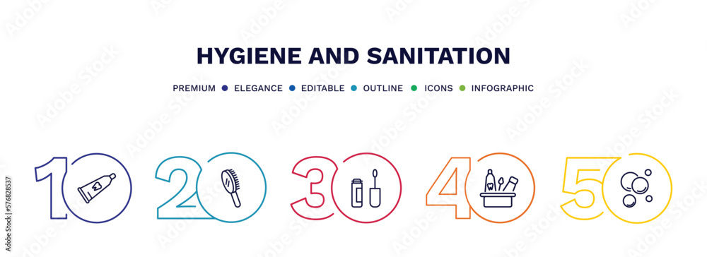 set of hygiene and sanitation thin line icons. hygiene and sanitation outline icons with infographic template. linear icons such as tooth paste, primp, dolled up, hygiene kit, bubbles vector. set of hygiene and sanitation thin line icons. hygiene and sanitation outline icons with infographic template. linear icons such as tooth paste, primp, dolled up, hygiene kit, bubbles vector.