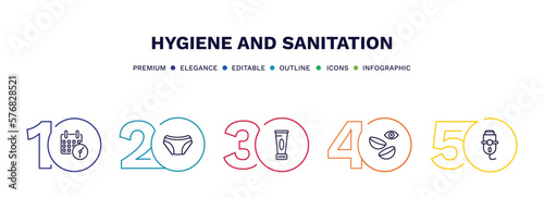 set of hygiene and sanitation thin line icons. hygiene and sanitation outline icons with infographic template. linear icons such as appointment book, underwear, body cream, lens, depilator vector.