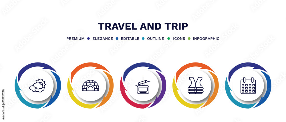 set of travel and trip thin line icons. travel and trip outline icons with infographic template. linear icons such as cloudy, igloo, cable car, lifejacket, date vector.