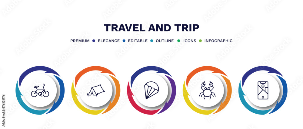 set of travel and trip thin line icons. travel and trip outline icons with infographic template. linear icons such as bike, camping tent, parasailing, crab, mobile map vector. set of travel and trip thin line icons. travel and trip outline icons with infographic template. linear icons such as bike, camping tent, parasailing, crab, mobile map vector.