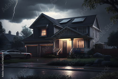 Lighting storm over a suburban house generative ai