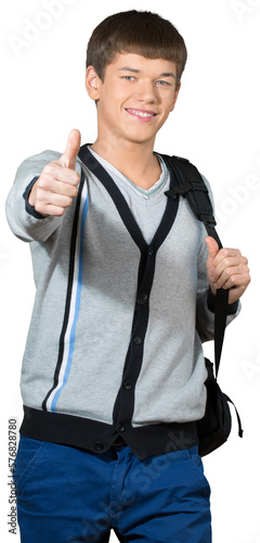 Teen male preppy carrying a duffel bag giving thumbs up