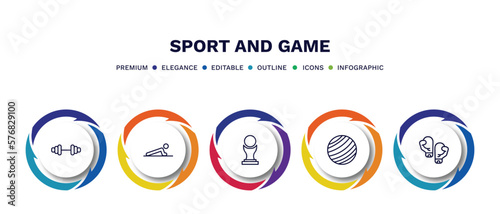 set of sport and game thin line icons. sport and game outline icons with infographic template. linear icons such as gym weight, man doing pushups, brazilian, gym ball, two boxing gloves vector.