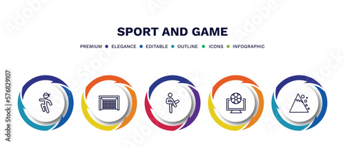 set of sport and game thin line icons. sport and game outline icons with infographic template. linear icons such as wushu, hockey goal, pencak silat, football channel, snow slide zone vector.
