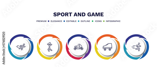 set of sport and game thin line icons. sport and game outline icons with infographic template. linear icons such as man sprinting, dancing motion, race bike, roller skate, excercise vector.