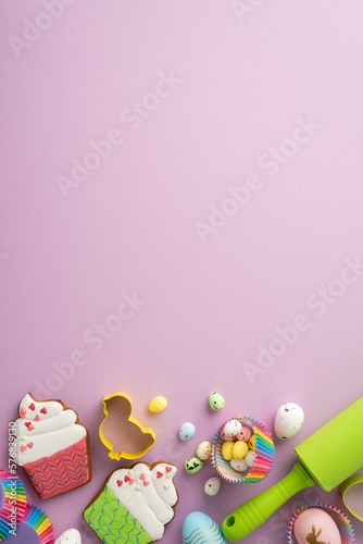Easter cooking concept. Top view vertical photo of chicken shaped baking mold easter eggs cupcake shaped gingerbread and rolling-pin on isolated pastel violet background with copyspace