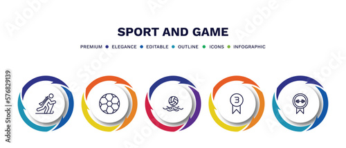 set of sport and game thin line icons. sport and game outline icons with infographic template. linear icons such as biathlon, football ball, waterpolo, third, weight lifting medal vector.