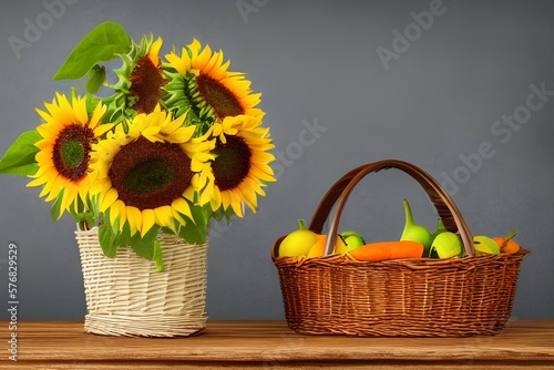 Still life with sunflowers in a basket isolated on a white background fruits and vegetables on the table - generative ai
