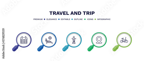 set of travel and trip thin line icons. travel and trip outline icons with infographic template. linear icons such as date, sun bath, christ, landmark, bike vector.