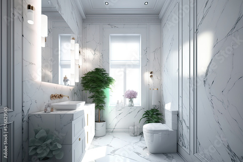 Modern Bathroom Interior Design in White Colors. Illustration Generative AI