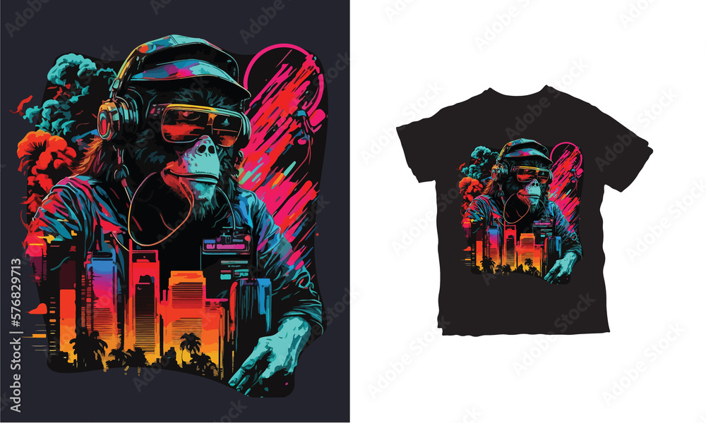 Monkey Ninja Synthwave Tshirt Design