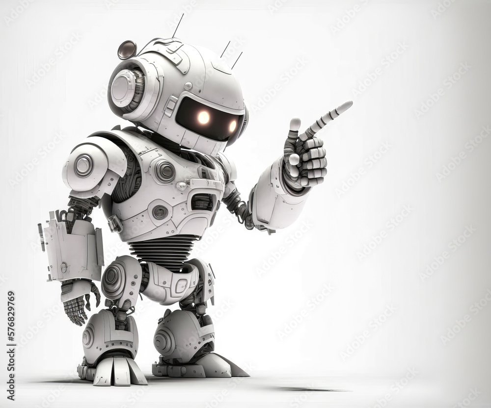 A white robot, highly technological, on a white background, pointing to something with his finger. Effective image for promotional purposes, realistic and modern. Generative AI A white robot, highly technological, on a white background, pointing to something with his finger. Effective image for promotional purposes, realistic and modern. Generative AI