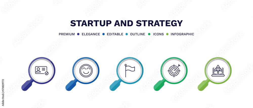 set of startup and strategy thin line icons. startup and strategy outline icons with infographic template. linear icons such as identity, happiness, success flag, purpose, startup laptop vector. set of startup and strategy thin line icons. startup and strategy outline icons with infographic template. linear icons such as identity, happiness, success flag, purpose, startup laptop vector.