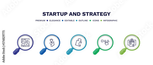 set of startup and strategy thin line icons. startup and strategy outline icons with infographic template. linear icons such as strategy in a labyrinth, startup head, jigsaw, choose, franchise