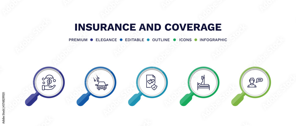 set of insurance and coverage thin line icons. insurance and coverage outline icons with infographic template. linear icons such as investment insurance, hail on the car, marriage contract,