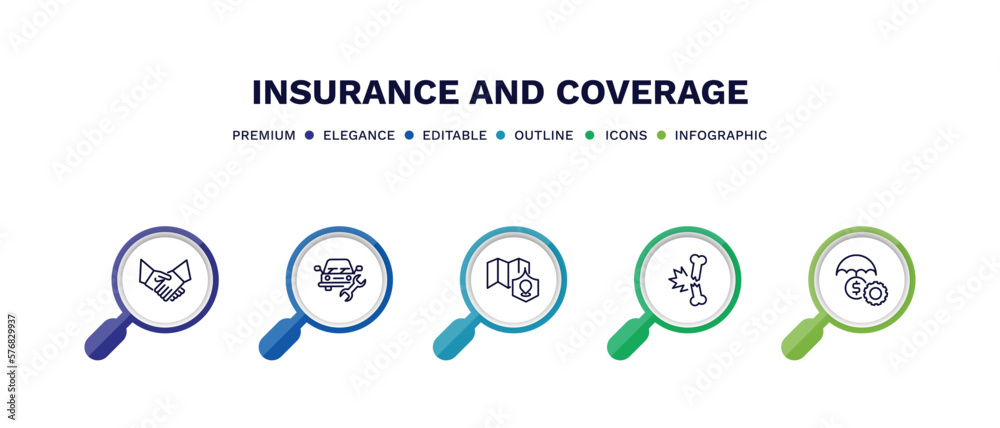 set of insurance and coverage thin line icons. insurance and coverage outline icons with infographic template. linear icons such as shake hands, vehicle repair, coverage area, fracture, money