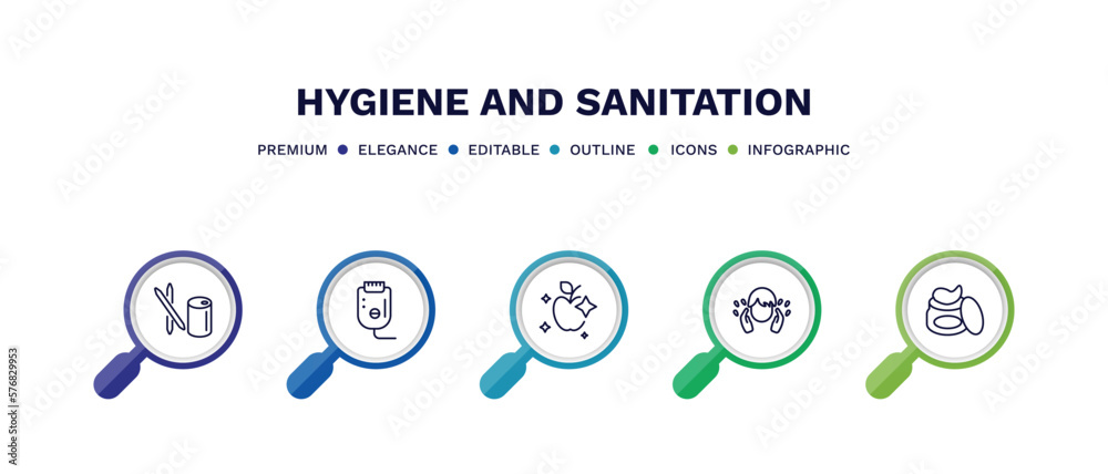 set of hygiene and sanitation thin line icons. hygiene and sanitation outline icons with infographic template. linear icons such as toothpick, epliator, food hygiene, face washer, gel vector. set of hygiene and sanitation thin line icons. hygiene and sanitation outline icons with infographic template. linear icons such as toothpick, epliator, food hygiene, face washer, gel vector.