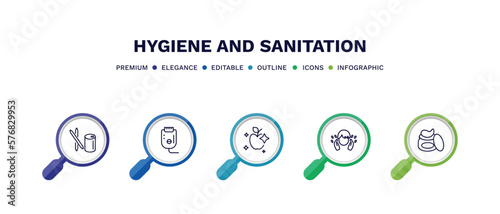 set of hygiene and sanitation thin line icons. hygiene and sanitation outline icons with infographic template. linear icons such as toothpick, epliator, food hygiene, face washer, gel vector.
