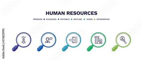 set of human resources thin line icons. human resources outline icons with infographic template. linear icons such as multitask, grievance, quit, office, candidate vector.