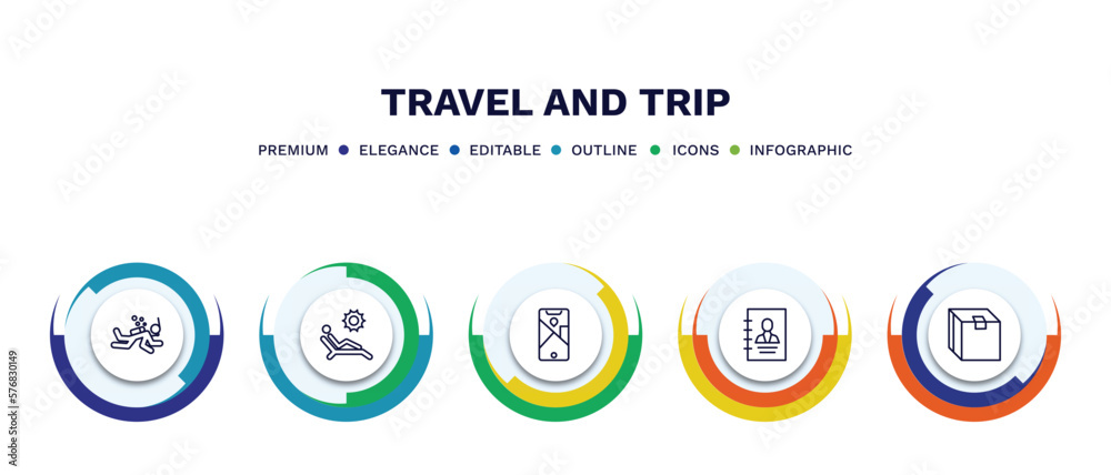 set of travel and trip thin line icons. travel and trip outline icons with infographic template. linear icons such as scuba diving, sun bath, mobile map, booking, packing vector.
