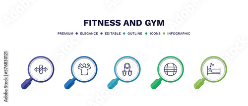set of fitness and gym thin line icons. fitness and gym outline icons with infographic template. linear icons such as gymnastic roller, bodybuilder, sport expander, power ball, sleep vector.