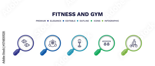 set of fitness and gym thin line icons. fitness and gym outline icons with infographic template. linear icons such as fitness wheel, elevation mask, standing punching ball, gymnastic rings, riding